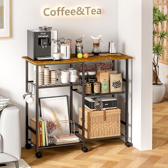 ThreeHio Rolling Kitchen Microwave Cart, 3-Tier Microwave Stand with Adjustable Shelf, Kitchen Storage Island on Lockable Wheels, Coffee Bar Baker's Rack Utility Cart for Living Room, Office, Balcony