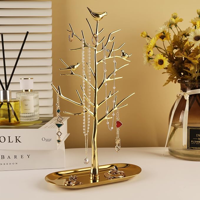 MORE&LESS Branch Jewelry Rack with metal tray,Luxury color,Tree Tower Rack Hanging Organizer for Ring Earrings Necklace Bracelet,Suitable for living rooms, bathrooms,offices,etc.