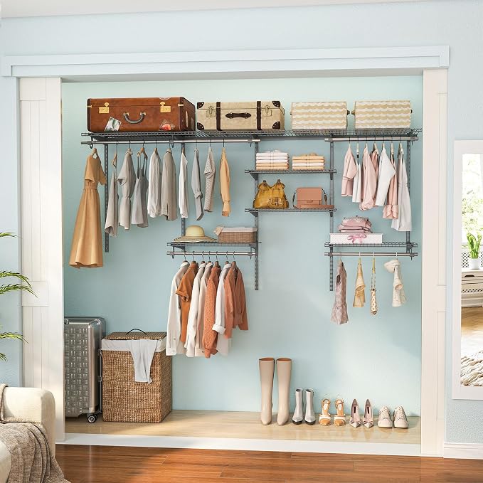 Tangkula 4 to 8 FT Custom Closet System, Wall Mounted Closet with Hanging Rod, Metal Hanging Storage Organizer Rack Wardrobe with Shelves, Adjustable Closet System Kit for Bedroom (Gray)