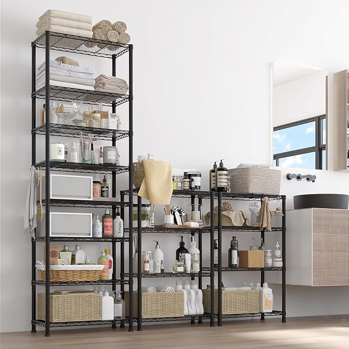 Karl home Segmentable 8-Tier Storage Shelving, Adjustable Metal Shelves Wire Storage Rack for Garage Kitchen Basement,1600LBS Capacity 78.74" H X 23.62" W X 13.78" D,Stainless S Hooks,Black
