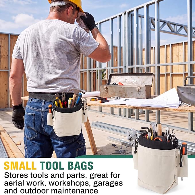 2 Pcs Tool Pouches 5" x 10" x 9", Top Closing Small Tool Bags with Drawstring, Tunnel Connection Double Reinforced Bottom, Belt Strap Connect, Bull Pin Loops for for Nuts Bolts Height Work