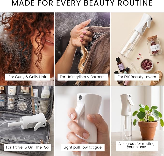 Continuous Spray Bottle for Hair – Slim Design - Fine Mist Water Sprayer for Hairstyling, Curly Hair – Refillable Mister Bottle with 360 Spray – Travel Size Hair Water Bottle