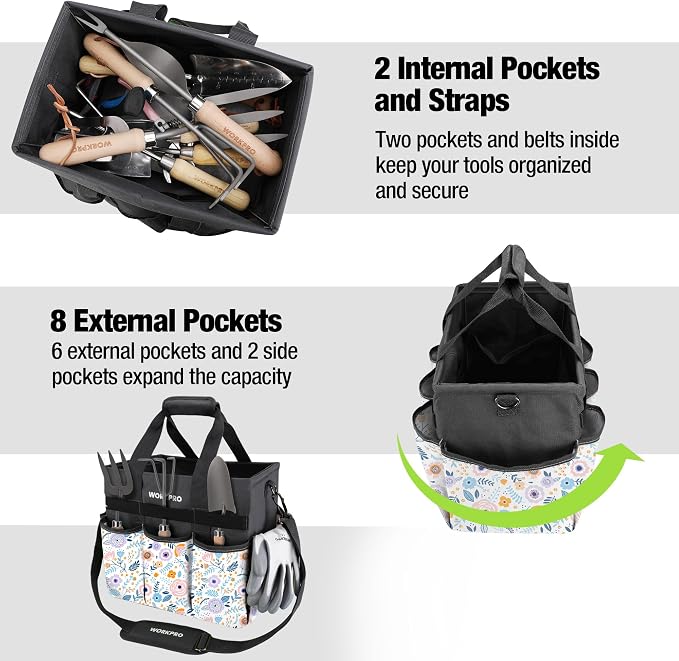 WORKPRO Garden Tool Bag, 10 Pockets and Shoulder Strap, Floral White | Heavy Duty Gardening Organizer Tote Bag Standable Garden Home Tool Kits Organizer (Tools are not Included)