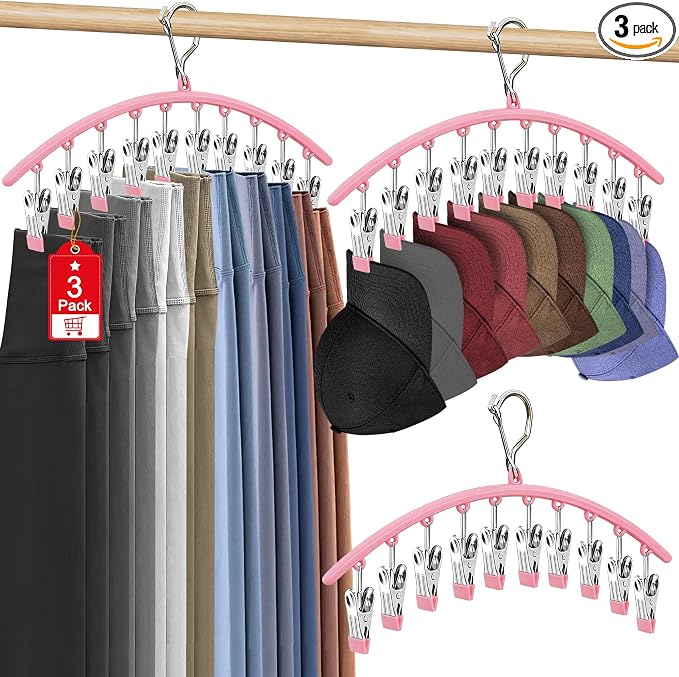 3 Pack Hat Hangers for Closet, Metal Hat Organizer for Baseball Caps | Hats Rack Holder for Closet with 30 Clips, Hats Storage for Baseball Caps Beanie Accessories Men Women, Pink