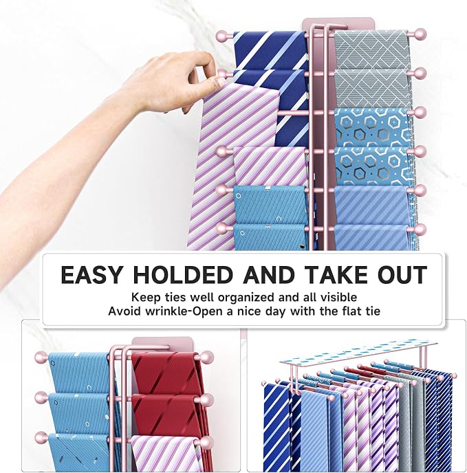 Tie Rack Wall Mounted, Tie Organizer for Men, Tie Rack Hanger for Closet Metal, Adhesive Tie Holder Organizer with 20 Hooks, Tie Storage for Wall Bedroom Living Room Dresser Room (Rose Gold)