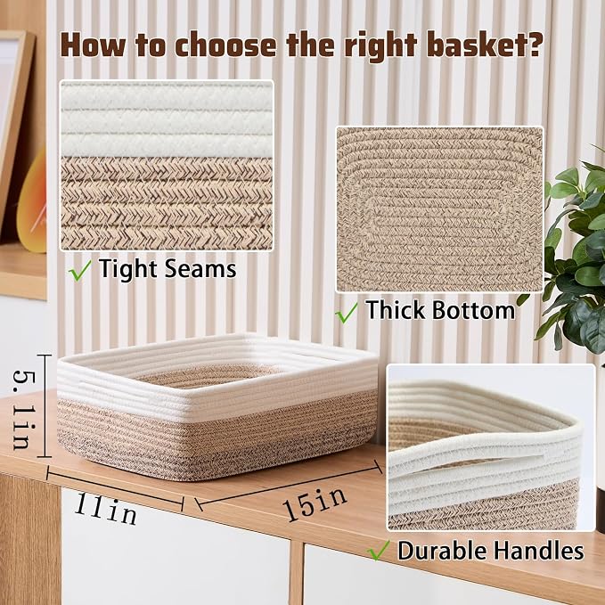 MiniArk Large Shallow Organizing Baskets 15x11x5.1 Inches - Rope Woven Storage Bins for Bathroom, Shelves, Cube Closet, Gradient Brown 3 Packs