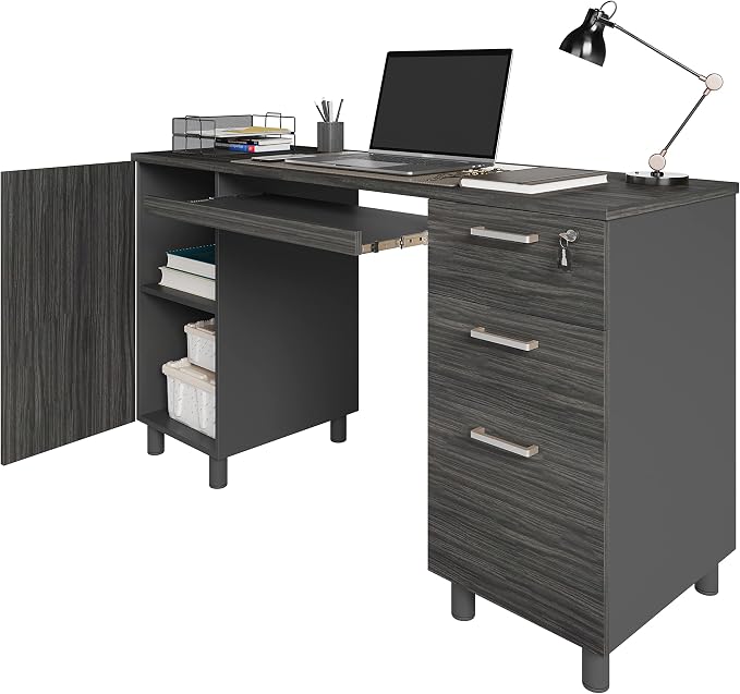 Modern Designs Venice Computer Desk with Lockable Drawers, 53 Inch Home Office Desk with Storage Cabinet, Keyboard Tray & Cable Management, Modern Study Writing Desk for Small Spaces, Black and Grey