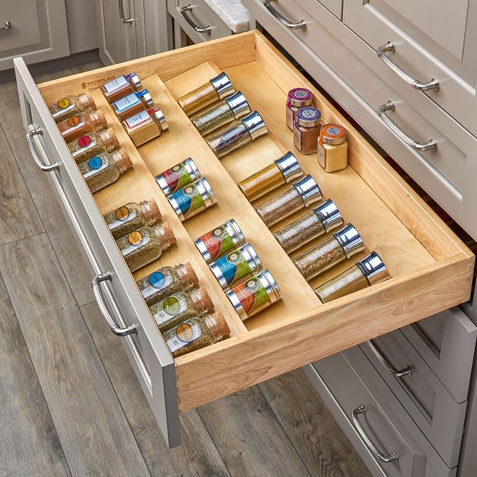 Rev-A-Shelf 36" 3 Tiered Seasoning Organizer, Trim-to-Custom-Fit Wooden Kitchen Draw and Cabinet Home Storage Insert, Pull Out Spice Rack, Maple, 4SDI-36-1