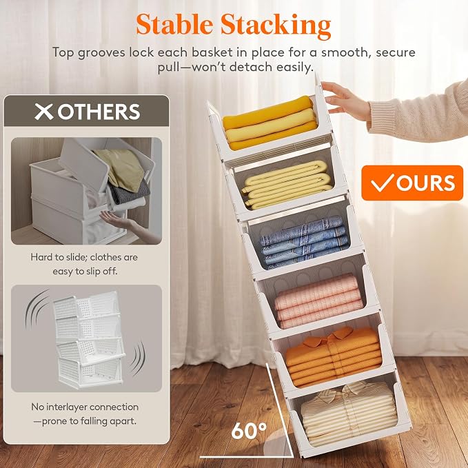 Lifewit 6 Pack Stackable Closet Organizers for Shelf, Plastic Clothes Storage Basket Bins for Wardrobe, Multifunctional Stacking Sweater Containers for Shelves, RV, Pantry, Kitchen, Dorm, 12.6" Wide