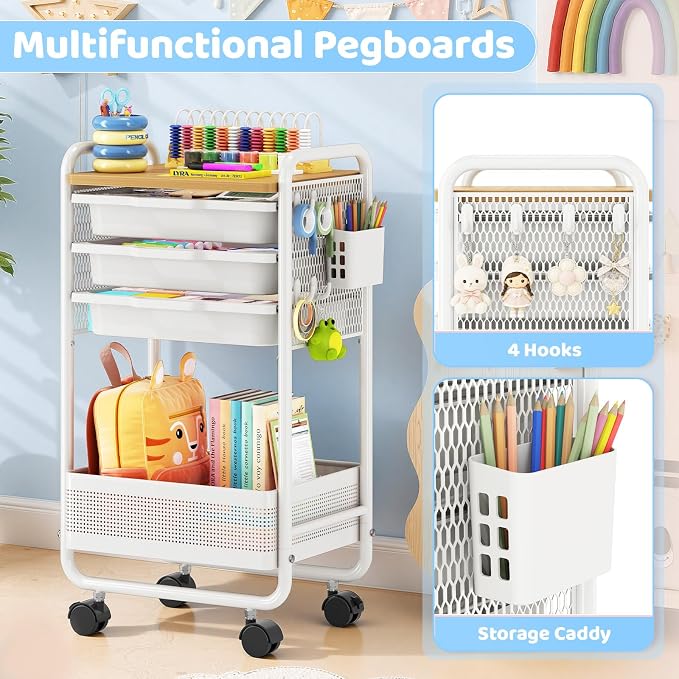Metal Rolling Storage Cart with 3 Drawers - Utility Cart on Wheels with Pegboard & Wood Tabletop, Multifunctional Trolley Organizer with Hooks & Bin for Living Room,Bedroom,Craft Room,Office,Kids Room