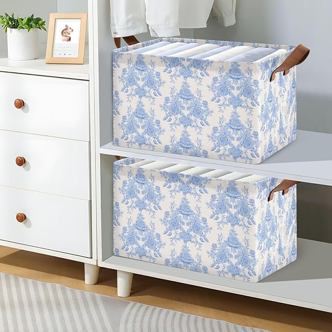 Blue Beige French FloralStorage Bins for Shelves with Labels&Handles Fabric Organizer Bin Foldable Rectangle Storage Basket Boxes for Closet, Bathroom, Home, Living Room