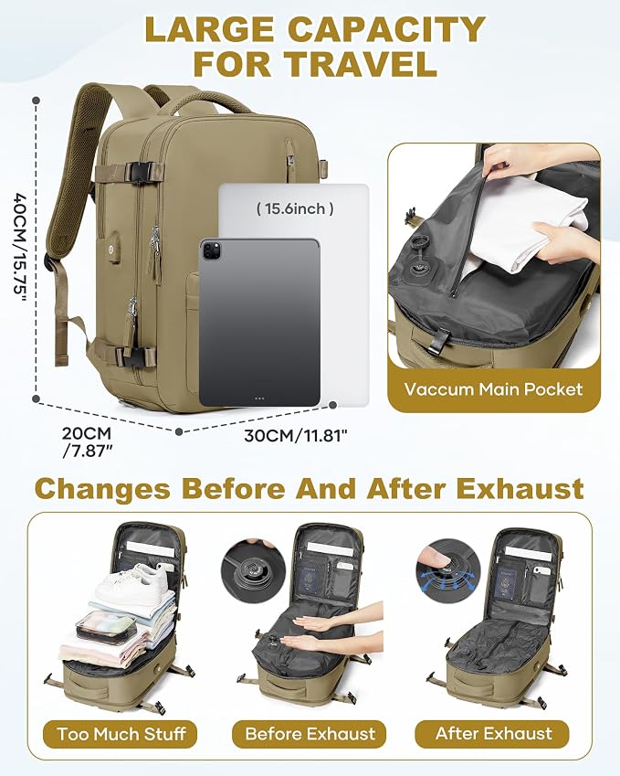WONHOX Vacuum Seal Backpack for Travel with Air Pump 18x14x8 inches Vacpack Carry on Flight Approved Compression Daypack Laptop Space Saver Bag Storage with Vacuum System Travel Bags Women Khaki