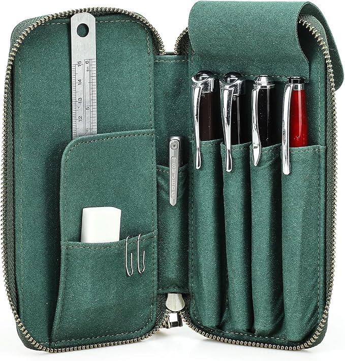 CONTACTS Full Grain Leather Pencil Case Handmade Vintage Zipper Pen Holder Pouch with Card Slot Pens Organizer Pockets Stationery Bag for Men and Women (Dark Green)