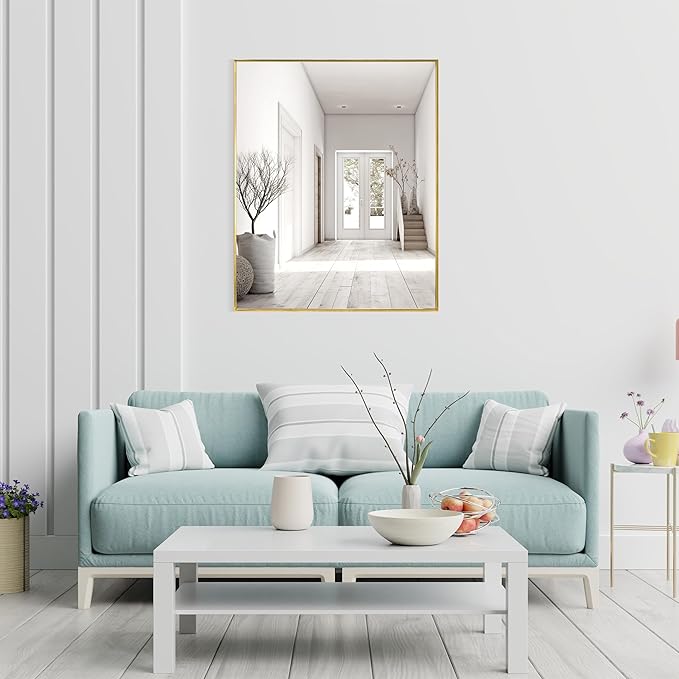 Head West Nordic Gold Stainless Steel Metal Framed Vanity Mirror, Accent Decorative Mirror for Wall Decor, Rectangle Modern Bathroom Mirror for Over Sink, Bedroom, Living Room Entryway Hallway 30"x36"