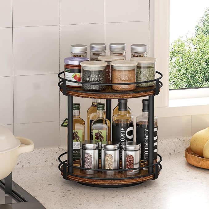 Snughome Rotating Spice Rack, 2 Tier Lazy Susan Organizer, Wood Kitchen Countertop Organizer, Brown Lazy Susan Turntable for Cabinet, 10.2" x 10.2" x 10.4"