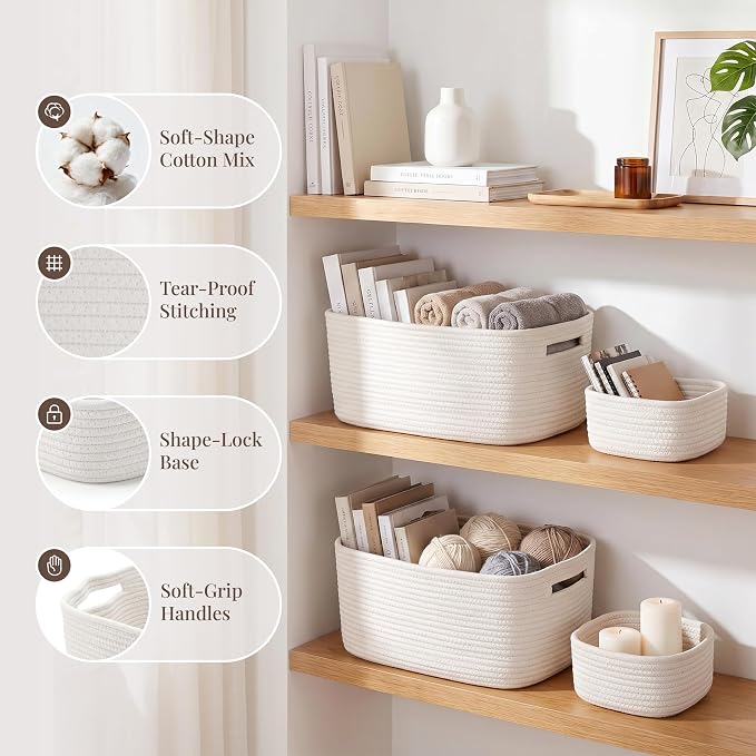 5-Pack Large Woven Rope Storage Baskets, 2 Sizes Organizer Bins | Fabric Cube Boxes and Rectangular Shallow Bins for Closet, Shelf, Bookshelf, Nursery, Changing Table, Bathroom, Toys & Home