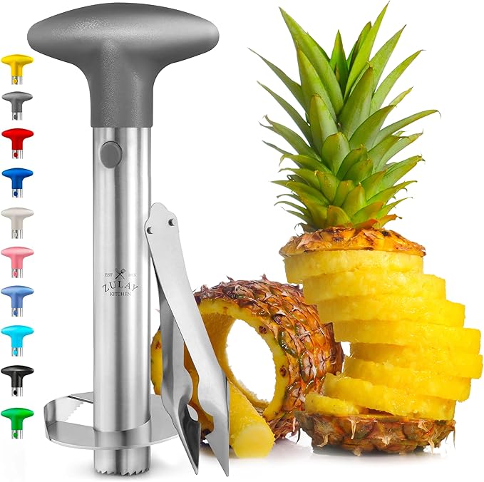 Zulay Kitchen Stainless Steel Pineapple Corer & Slicer – Heavy Duty Pineapple Cutter & Eye Removal Tool – Effortless Core Remover Tool with Sharp Reinforced Blade & Ergonomic Handle - Gray