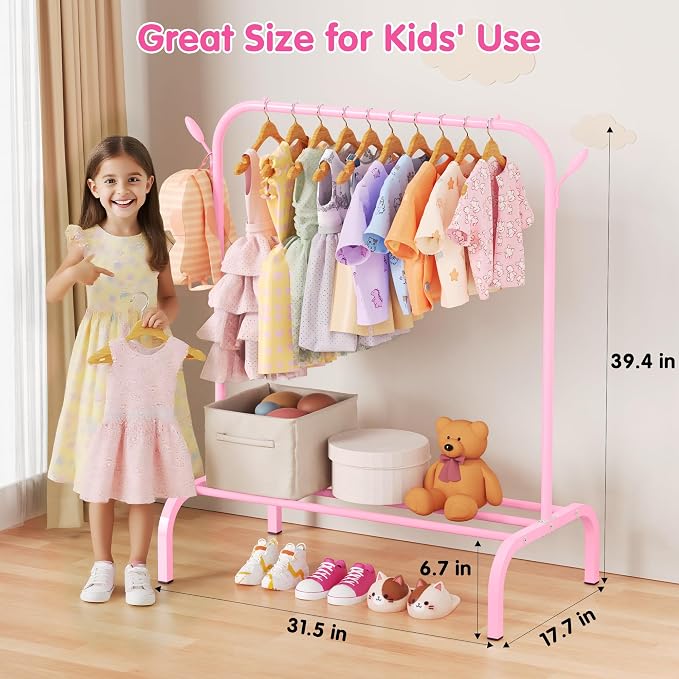 Kids Clothes Rack for Ages 3-6, Montessori Kids Clothing Rack, Pink | Kids Dress up Rack with Bottom Shelf & Side Hooks, Toddler Wardrobe Rack for Bedroom, Playroom, Nursery & Small Room Storage