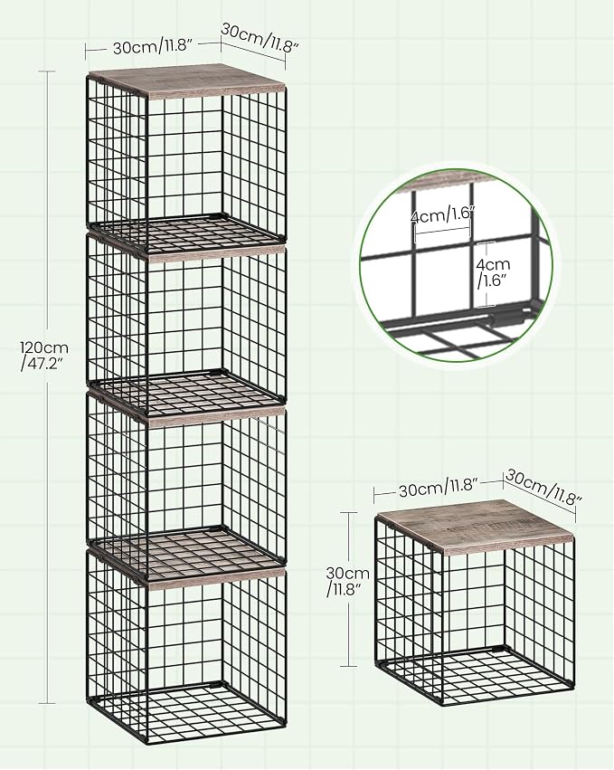 CHOEZON 4-Tier Closet Organizers and Storage, Stackable Storage Bin Baskets with Wooden Upper Surface, Closet Shelves Clothes Storage Cubes for Wardrobe and Closet Organization, Greige and Black