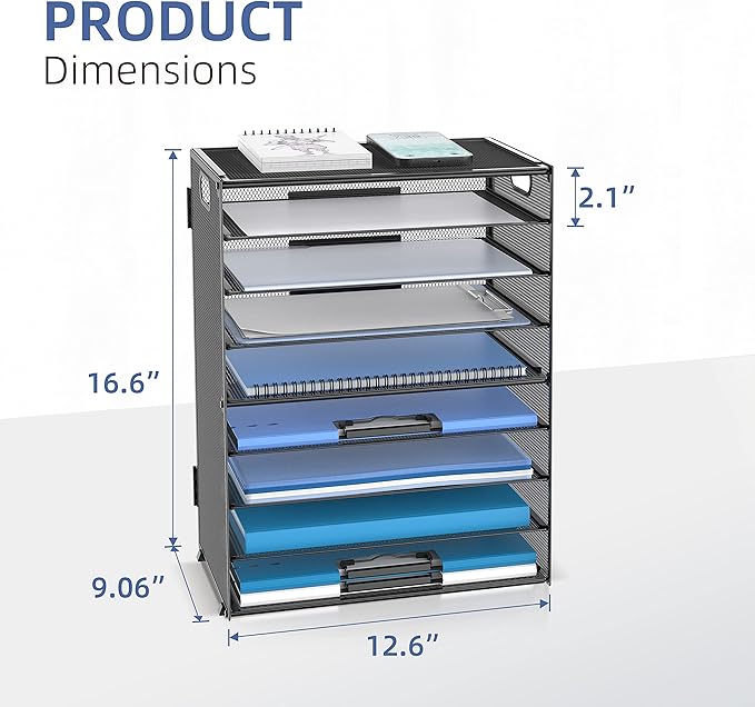 DALTACK 9-Tier Paper Organizer for Desk, Mesh Letter Tray Desk Organizer with Handles, Space-Saving File Organizer for Office Home School, Black