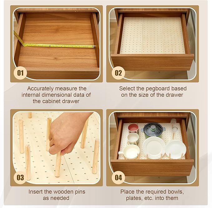 Kigley 3 Pcs Wood Pegboard Drawer Organizer with 32 Pegs Wooden Peg Board Drawer Shelf Organizer Adjustable Peg System for Dishes Plate Pot Container Cookware Utensil Kitchen(Wood,17 x 5.91 in)