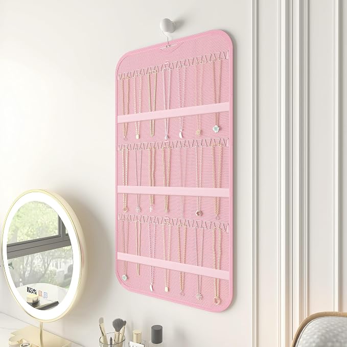 Double-Sided Hanging Jewelry Organizer for Necklaces Earrings, 1-Pack, Pink | Foldable 36 hooks & 40 clear pockets; swivel hook fits walls, doors & rods for earrings, bracelets, rings & small jewelry