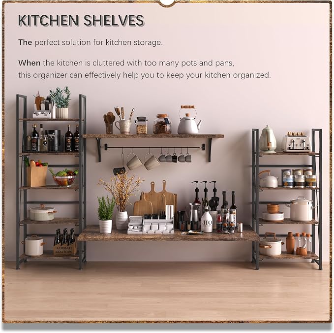 4NM No Assembly Folding Bookshelf, 5-Shelf 62.2" H Collapsible Foldable Bookcase Storage for Small Spaces, Rustic Brown and Black