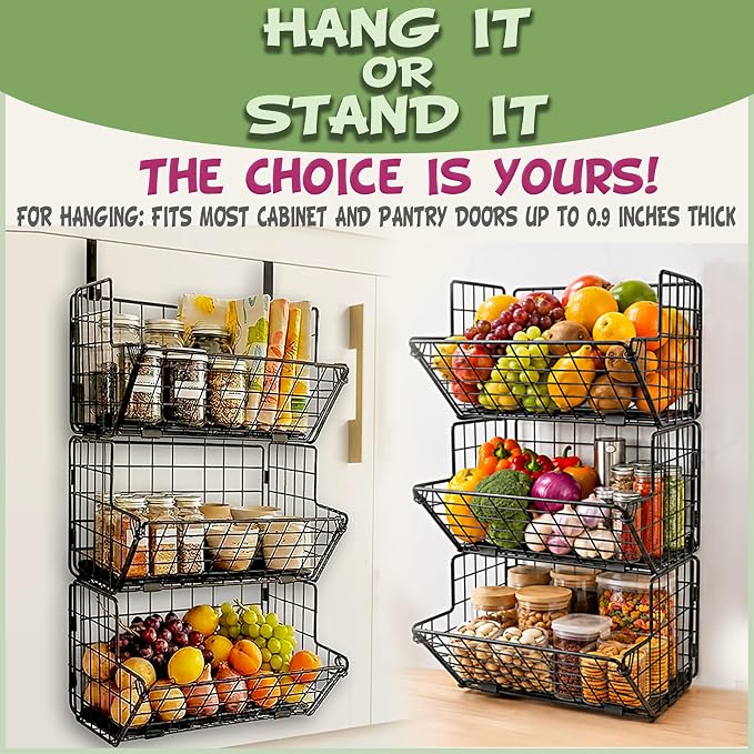 3-Tier Fruit Basket for Kitchen, 2-in-1 Countertop & Over Cabinet Door Hanging Organizer, Heavy Duty Fruit & Vegetable Storage Rack with Anti-Slip Liners, No Drilling