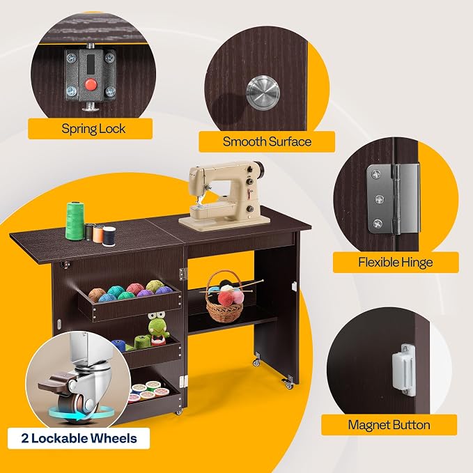 VIVOHOME Folding Sewing Table for Sewing Machine, Sewing Desk with Storage | Rolling Sewing Craft Table with Storage Shelves, Trays, Wheels, Sewing Cabinet with Lift for Small Spaces, Espresso