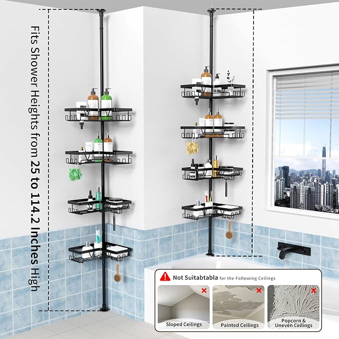 KEGII Corner Shower Caddy Tension Pole - Shower Tension Rod Organizer, Floor to Ceiling Shower Caddy 25-114.2 inch, Towel Rack Corner Waterproof, Black