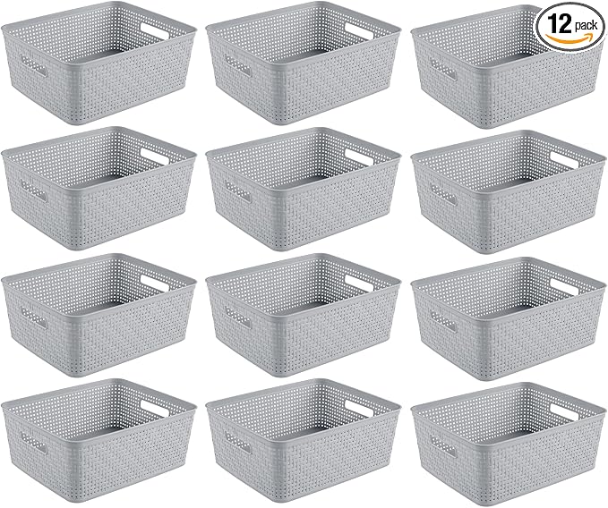 Sterilite 12 Pack Plastic Storage Bin Organization Containers, Short Baskets, Cement