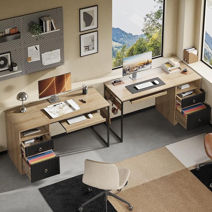 Bestier 55 Inch Office Desk with Fluted Panel & Keyboard Tray, Natural Oak | 55 X 22 In Work Surface, File Drawer, Reversible Pedestal, Fluted Panels And Keyboard Tray For Home Office Storage.