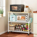 3 Tier Rolling Kitchen Microwave Cart, 33 Inch Microwave Table Stand with Adjustable Shelf, Kitchen Storage Island Utility Cart on Wheels, Bakers Rack Coffee Bar for Living Room, Office, White