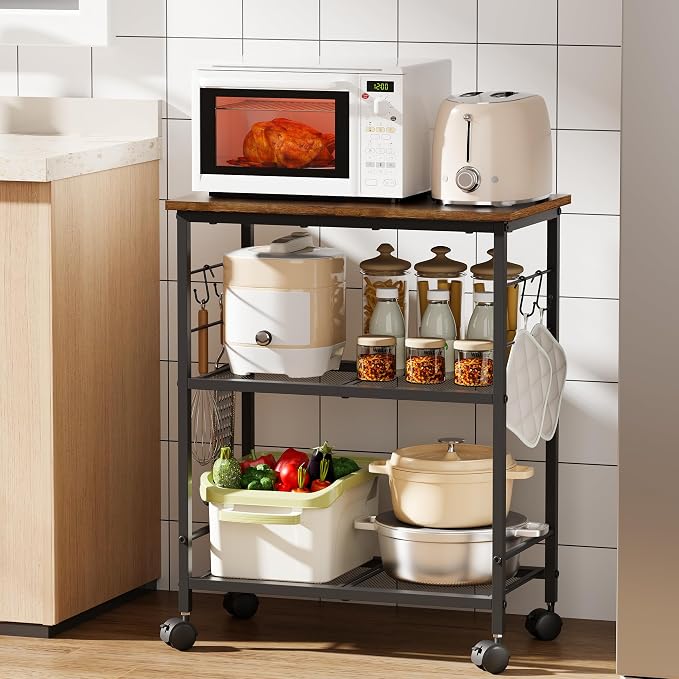 BEWISHOME 3-Tier Rolling Kitchen Microwave Cart, Microwave Table Stand | with 4 Lockable Wheels, Small Coffee Cart Shelf Rack Organizer for Kitchen, Living Room, Bathroom