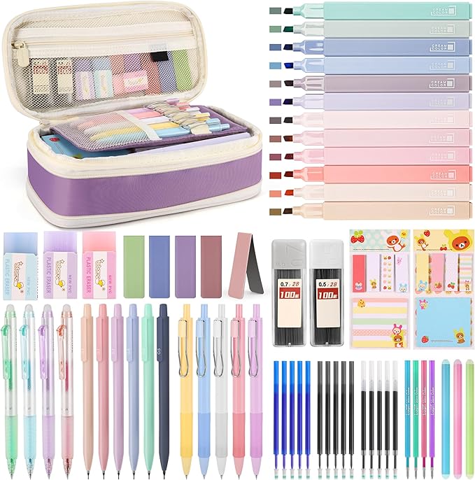 DazSpirit 62PCS Aesthetic Stationery Set with Pencil Case, No Bleed Highlighters, Gel & Erasable Pens, Mechanical Pencils, Refills, Cute College School Supplies for Note Taking, Journaling