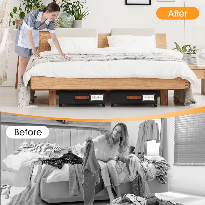 SpaceHacks Under Bed Storage with Wheels 2Pack Storage Containers with Clear Window&Label Under Bed Drawers Rolling Under Bed Storage for Clothes,Shoes, Blankets (30.71 x 16.93 x 6.69 in, Black)