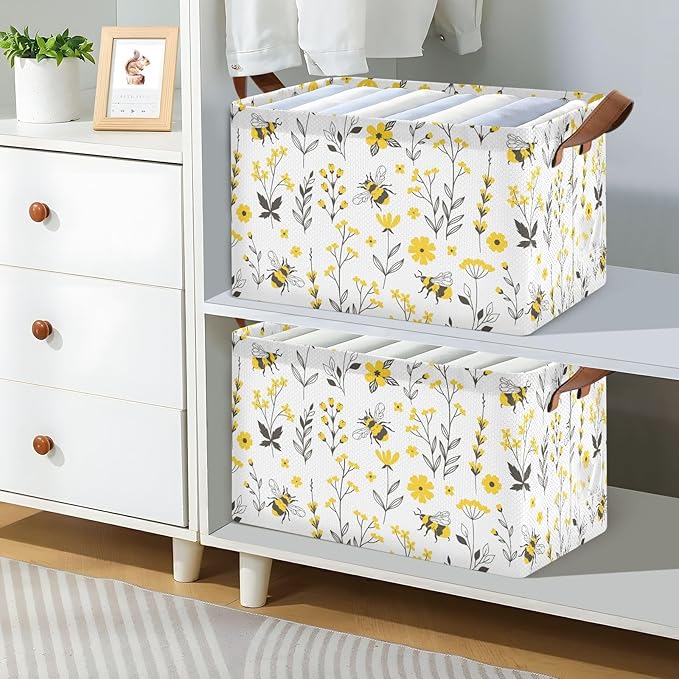 Yellow Wildflower with Bee Storage Basket Foldable Cube Storage Bins with Handles&Labels Waterproof Collapsible Organizer Box Bin Large Decorative Baskets for Shelves Home Living Room Closet, 2 Pack