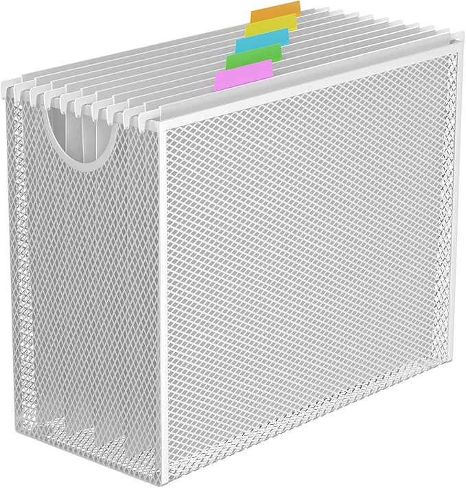 Hanging File Organizer, Letter-Size File Holder Filing Box with 5 Hanging Folders, Metal Mesh Desk File Folder Storage(No Assembly Required) (White, with 5 Grey Folders)