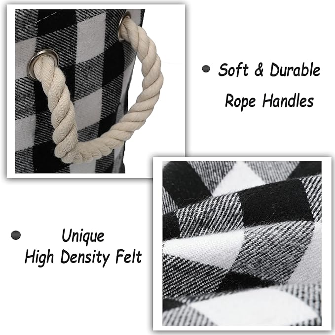 Round Laundry Basket Foldable Storage Baskets Home Organization Containers Buffalo Checked with Rope Handles, White Black Grid, L