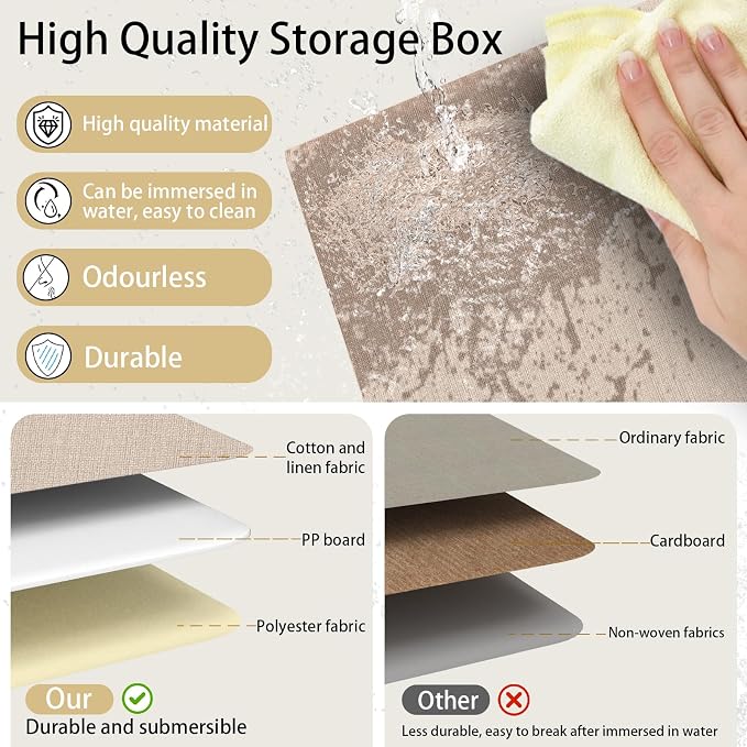 Yawinhe Foldable Storage Baskets for Shelves,16.9x11.8x10.2in,Beige,4-Pack | Collapsible Storage Bins for Towels, Container with Leather Handle for Organization, Fabric Rectangle Boxes for Home