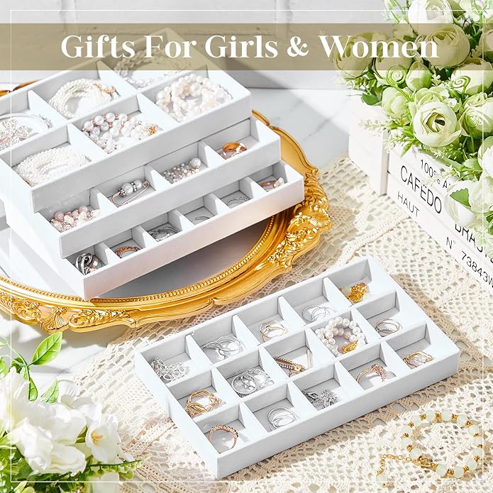 Junkin 12 Pcs Jewelry Tray Velvet Stackable Jewelry Organizer Trays Divided Earring Accessories Storage Containers Box (Rose Red)