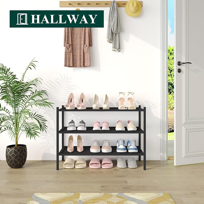 Smiry Bamboo Shoe Rack, 3 Tier Shoe Organizer for Entryway & Closet, Stackable Free Standing Storage Shelf for Shoes, Bags & Plants, Black