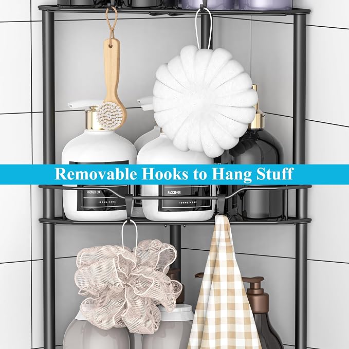 HuggieGems 3 Tier Floor Standing Corner Shower Caddy Organizer Shelf with Hooks, Bathroom Shelves Stand Rack, Matt Black