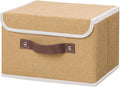 ANMINY Storage Bin with Lid Storage Boxes with PU Leather Handles PP Plastic Board Decorative Foldable Lidded Cotton Linen Fabric Home Cubes Baskets Closet Organizer Container - Khaki, Small Size