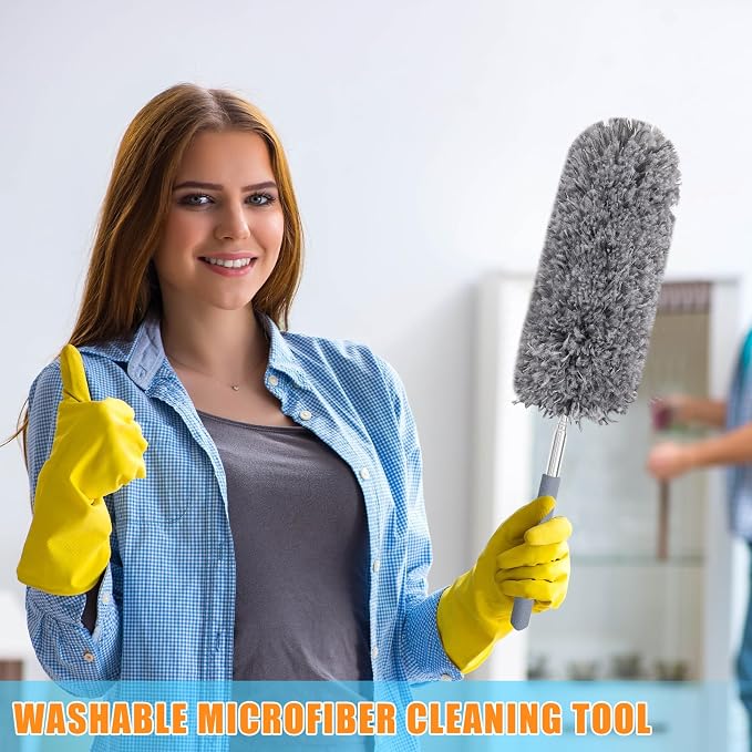 Tanlade 1 Pcs Microfiber Feather Duster for Cleaning, Extendable 13-31 Inch Ceiling Fan Duster with Bendable Head, Washable Tools for Ceiling Fans, Furniture, Car, Cobwebs (Gray)