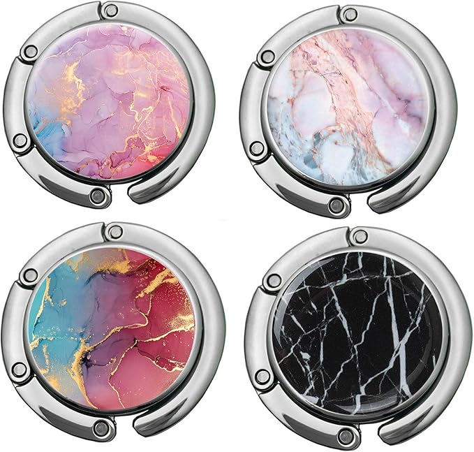Bosketo Foldable Purse Hook Womens Bag Table Hanger Collection Desk Hooks for Purse (4pack Pretty Marble Hook)