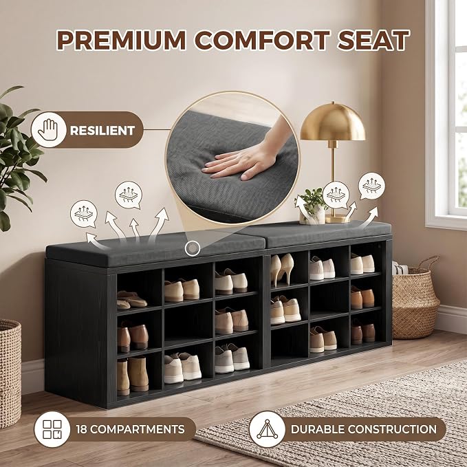 ITEFDTUTNE Shoe Rack Bench, 18 Cubbies Shoe Storage Bench with Cushion, 59" | Entryway Bench with Shoe Storage, Widened Organizer Cabinet for Entryway Hallway Bedroom Living Room, Holds Up to 400lbs