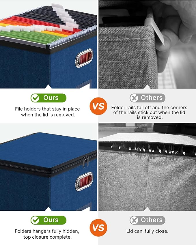 Oterri File Organizer Boxes with Lids, File Box with Mesh Pockets, Document Organizer Box for Letter Size Folders, Zippers Important Document Organizer (Dark Blue, Large-2 Pack Without Folders)