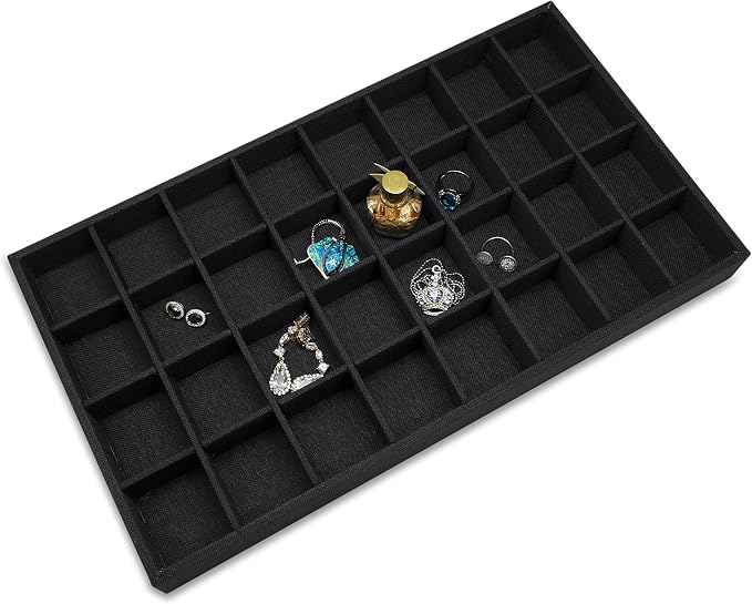 The Display Guys - Stackable Jewelry Tray and Organizer - for Drawers, Dressers, Store Display (32 Compartments, Black Burlap)