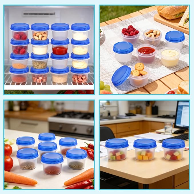 24 Pack Freezer Containers with Screw On Lids, 6 Oz Stackable Reusable Plastic Storage Container, Airtight Plastic Food Storage Containers with Twist Top Lids for Food Soup Jello Sauce